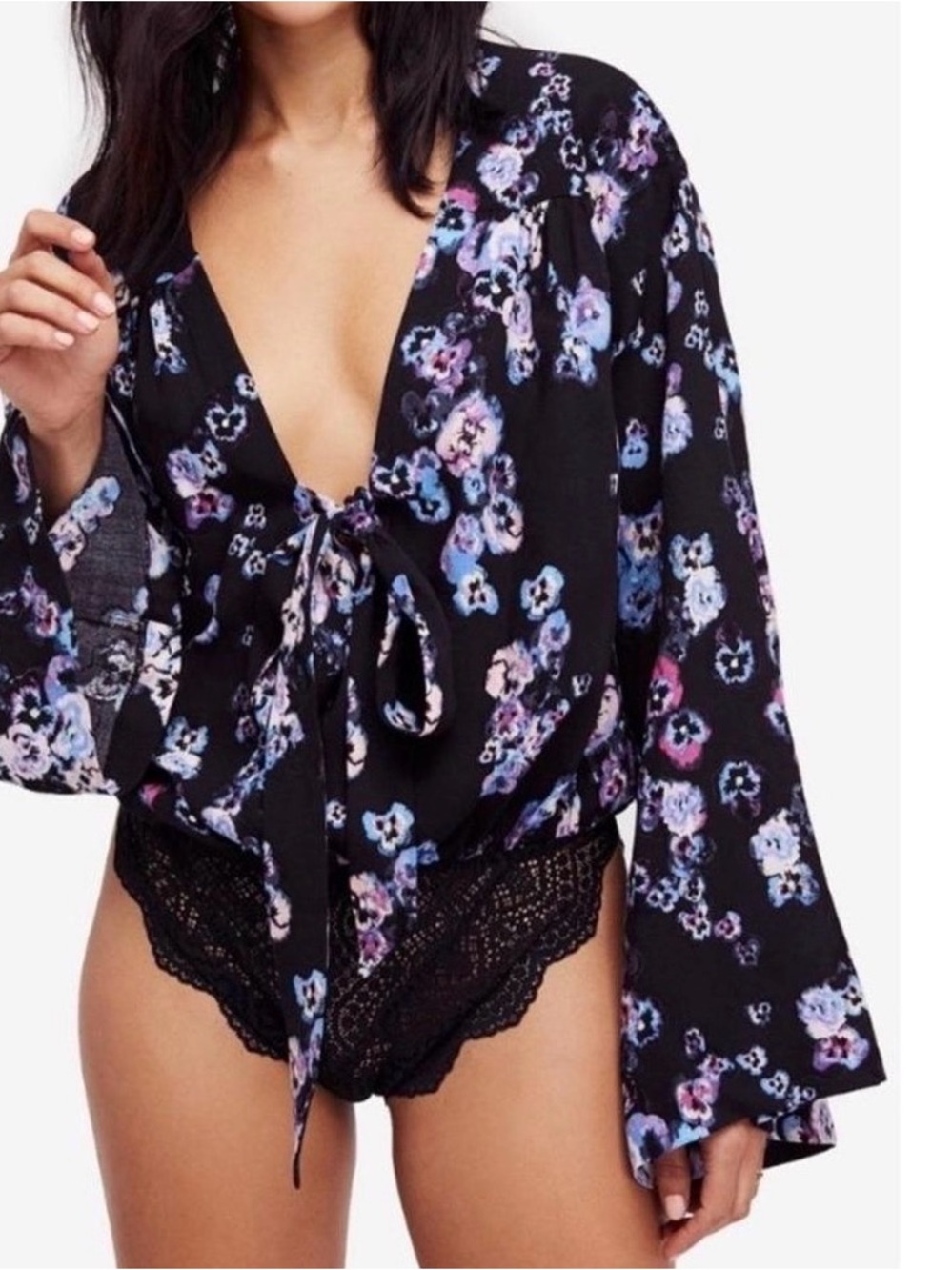 Free People Black Floral Tie-Front Long Sleeve Bodysuit EUC